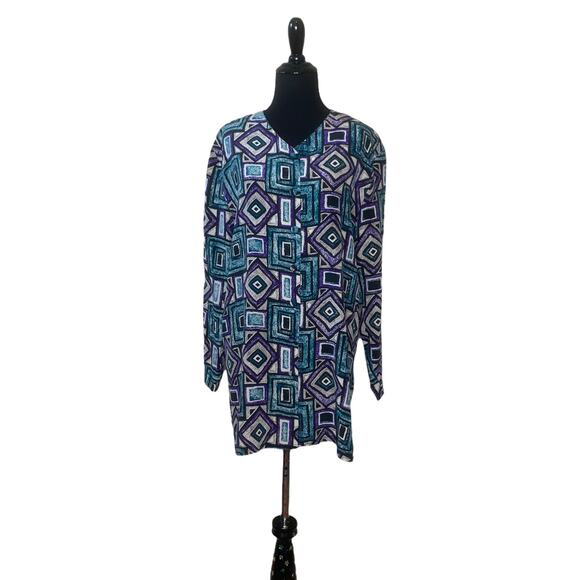 Papell Too colorful geometric print long sleeves silk tunic blouse size 10 - Picture 4 of 7